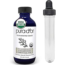 PURA D'OR Organic Cedarwood Essential Oil 4oz with Glass Dropper 100% Pure & Natural Therapeutic Grade For Hair, Body, Skin, Aromatherapy Diffuser, Relaxation, Massage, Relief, Odors, Home, DIY Soap