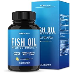 Fish Oil 3600 mg Lemon Flavor Soft Gels | Omega 3 EPA & DHA | Brain Heart Joints Skin and Immune Support | 120 Count Non-GMO Omega-3 Burpless Softgels Supplements