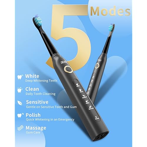 SEAGO Electric Toothbrush for Adults, Ultrasonic Toothbrushes with 8 Brush Heads, Rechargeable Electronic Toothbrush, Black, SG-507