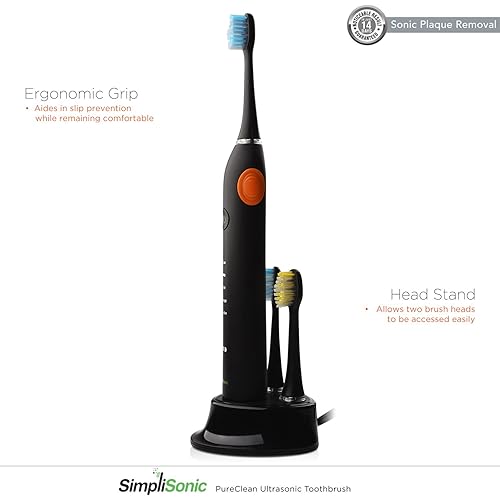 SimpliSonic Ultrasonic Rechargeable Electric Toothbrush Premium Package w 12 Heads Black