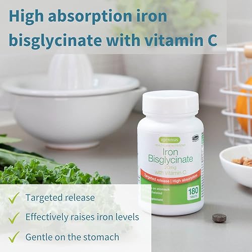 High Absorption Chelated Iron Bisglycinate 20mg with Vitamin C, Gentle Iron, Targeted Release, One Daily, Vegan, 180 Tablets, by Igennus