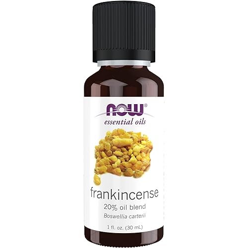 NOW Essential Oils, Frankincense Oil Blend, 20% Blend of Pure Frankincense Oil in Pure Jojoba Oil, Centering Aromatherapy Scent, Steam Distilled, Vegan, Child Resistant Cap, 1-Ounce
