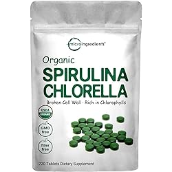 Organic Chlorella Spirulina Tablets, 3000mg Per Serving, 720 Counts, 4 Months Supply, 5050 Blend Superfood, No Filler, No Additives, Cracked Cell Wall, Rich in Vegan Protein & Chlorophyll