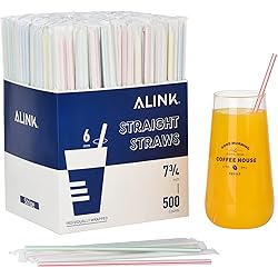 ALINK 500-Pack Striped Plastic Disposable Drinking Straws, Individually Wrapped Straight Party Straws - 7.75" x 0.23&#34