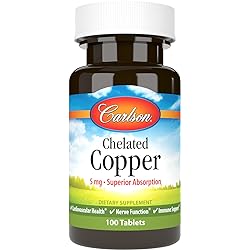 Carlson - Chelated Copper, 5 mg, Superior Absorption, Cardiovascular Health, Nerve Function & Immune Support, 100 Tablets