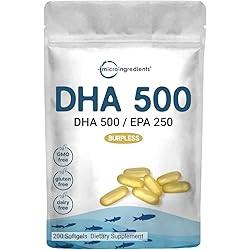 DHA Supplements, Omega-3 1000mg, DHA-500mg, EPA-250mg, 200 Softgels, Burpless with Enteric-Coated Technology, Wild Caught at Norwegian Sea, Prenatal, Kids Vitamins, Support Brain Health, Mercury Free