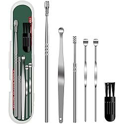 Ear Pick Earwax Removal Tool, 6 Pcs Ear Cleaning Kit, Stainless Steel Ear Wax Remover with Cleaning Brush and Storage BoxSilver