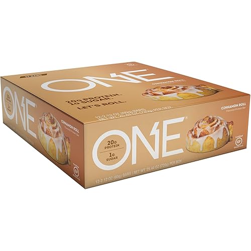 ONE Protein Bars, Gluten Free Protein Bars with 20g Protein and Only 1g Sugar, Guilt-Free Snacking for High Protein Diets, Cinnamon Roll, 2.12 oz 12 Count