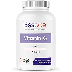 BESTVITE Vitamin K2 100 mcg as MK-7 120 Vegetarian Capsules - No Stearates - Vegan - Non GMO - Gluten Free