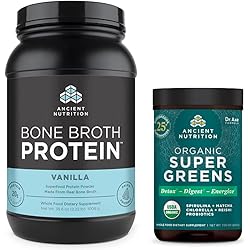 Bone Broth Protein Powder, Vanilla, 40 Servings Supergreens Powder, Greens Flavor, 25 Servings by Ancient Nutrition