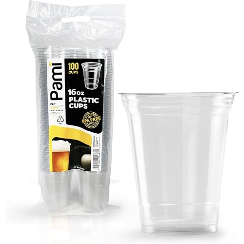 PAMI Clear 16oz Large Plastic PET Cups [Pack of 100] - Disposable Drinking Glasses Bulk- BPA-Free Party Cups For Iced Tea, Smoothies, Punch, Cocktails & Cold Drinks- Beer Cups In Resealable Bag