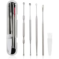MJIYA Ear Pick Earwax Removal Kit, Ear Cleansing Tool Set, Ear Curette Ear Wax Remover Tool with a Storage Box Silver, 5 Count Pack of 1