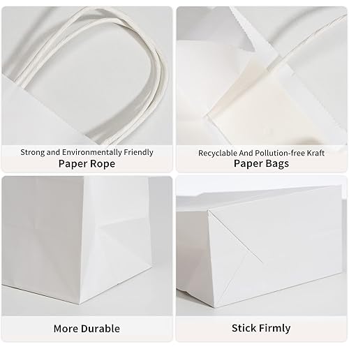 RACETOP White Paper Bags with Handles Bulk,8"x4.5"x10.8" 50Pcs,Gift Bags Medium Size,White Gift Bags with Handles,Gift Bags Bulk,Retail Bags,Party Bags,Shopping Bags,Merchandise Bags