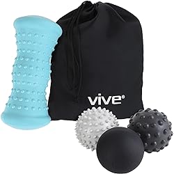 Vive Massage Ball Set 4 Piece - Foot Pain Hot Cold Therapy Kit - Plantar Fasciitis, Heel Spur, Sore Muscles, Trigger Point - Back, Arm, Neck, Shoulder, Leg Circulation Roller - PT Spike Massager