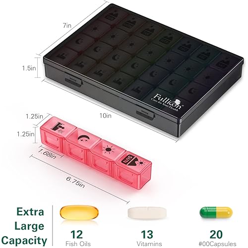 Extra Large Weekly Pill Organizer 4 Times a Day,Fullicon XL Large Pill Box, 7 Day Medicine Organizer,Black Pill case for VitaminFish OilSupplements