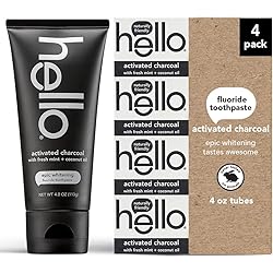 Hello Activated Charcoal Epic Teeth Whitening Fluoride Toothpaste, Fresh Mint and Coconut Oil, Vegan, SLS Free, Gluten Free and Peroxide Free, 4 Ounce Pack of 4