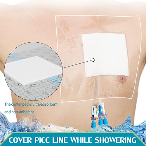 Waterproof PD Dialysis Catheter Shower Cover Wound Shields Picc Line Bandage Chest Peritoneal Chemo Port Feeding Tube G-Tube Water Barrier Protector 9 x 9 Inch with Non-Stick Center Pad Pack of 25