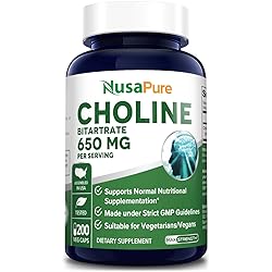 Choline Bitartrate 650 mg 200 Veggie Capsules Vegetarian, Non-GMO & Gluten-Free