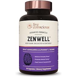 Live Conscious KSM-66 Ashwagandha Supplement wL Theanine & AlphaWave - ZenWell Everyday Stress Relief, Mood Support, Cognitive, Brain Health - Ashwagandha for Men & Women - 60 Capsules