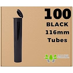 W Gallery 100 Black 116mm Tubes, Pop Top Joint is Open, Smell-Proof Pre-Roll Blunt J Oil-Cartridge BPA-Free Plastic Container Holder Vial fits RAW Cones 110mm 109mm King Lean 98 Special, 120mm