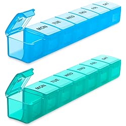 BUG HULL Pill Organizer Extra Large 2 Pack, Weekly Pill Box XL, Big Pill Case 7 Day, Oversize Daily Medicine Organizer, Travel Pill Container, Pill Holder for Vitamins, Cod-Liver Oil, Supplements