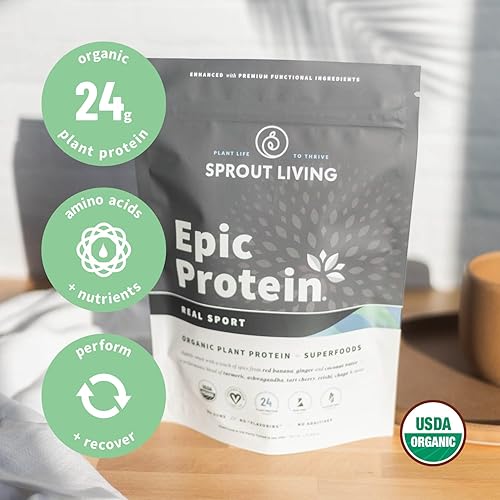 Sprout Living, Epic Protein, Plant Based Protein & Superfoods Powder, Real Sport | 24 Grams Organic Protein Powder, Recovery, Vegan, Non Dairy, Non-GMO, Gluten Free, Low Sugar 1 Pound, 12 Servings