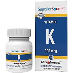 Superior Source Vitamin K1 Phytonadione,100 mcg, Quick Dissolve MicroLingual Tablets, 100 Count, Healthy Bones and Arteries, Immune & Cardiovascular Support, Assists Protein Synthesis, Non-GMO