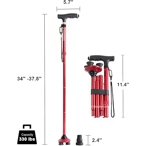 Ruedamann 34" to 37.8" Folding Cane, 330 lbs Capacity, Lightweight and Portable Aluminum Collapsible Cane for Men Women, Pivoting Quad Base,5 Level Adjustable Walking Cane with LED Light, Red