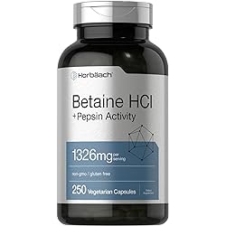 Betaine HCl with Pepsin | 1326mg | 250 Capsules | Betaine Hydrochloride Supplement | with Protease | Non-GMO, Gluten Free, Vegetarian | by Horbaach