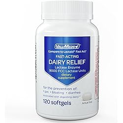 ValuMeds Fast Acting Dairy Relief Lactose Enzymes, 120 Softgels, Help Prevent Gas, Bloating, Diarrhea, Intolerance, or Sensitivity, Comparable to Lactaid