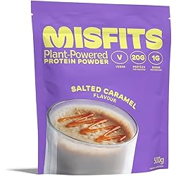 Misfits Vegan Protein Powder, Salted Caramel, 20g Plant Based Protein Shake, Low Calorie, No Added Sugar, Non Dairy, Non GMO, Plastic Free Packaging, 500g