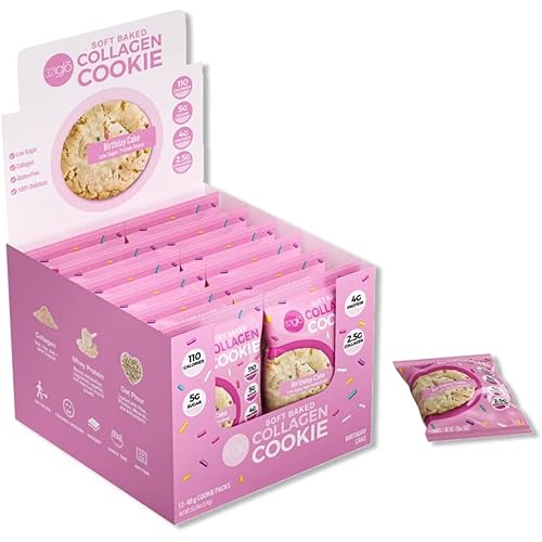 321glo Collagen Protein Cookies, Soft-Baked Cookies, Low Carb and Keto Friendly Treats for Women, Men, and Kids 12-Pack, Birthday Cake