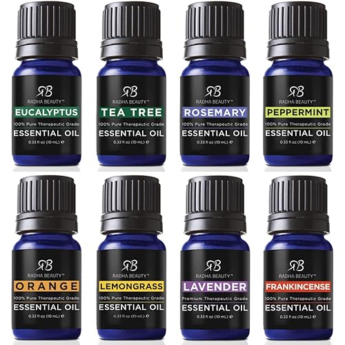 Radha Beauty Top 8 Essential Oils Gift Set Pure & Therapeutic Grade for Diffusers, Massage, Aromatherapy, Skin and Hair Care
