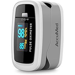 AccuMed CMS-50D1 Fingertip Pulse Oximeter Blood Oxygen Sensor SpO2 for Sports and Aviation. Portable and Lightweight with LED Display, 2 AAA Batteries, Lanyard and Travel Case White