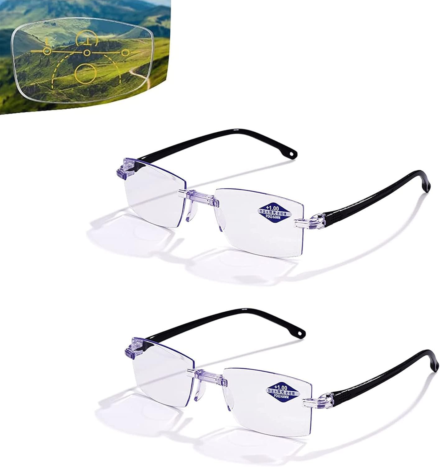 Krivata Glasses, 2Pcs Color Glint Readers, Sapphire High Hardness Anti-blue Progressive Far and Near Dual-use Presbyopic