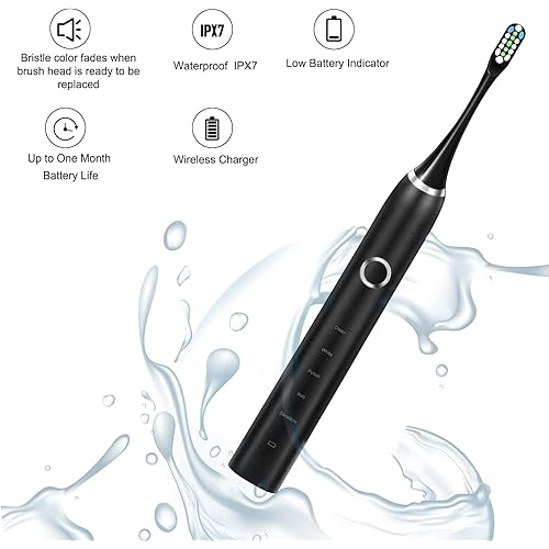 BTFO Electric Toothbrush with 3pcs Brush Heads 5V1A Charger & Charging Cable, IPX7 Waterproof Fast Charging Smart Electronic Toothbrush for Adults with 5 Brushing Modes Smart Timer Black