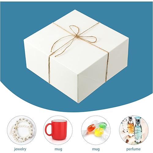 24 Pieces Paper Gift Boxes 8 x 8 x 4 Inch Kraft Paper Gift Bags with Handles 10.6 x 8.3 x 4.3 Inch Twine Pack for Christmas Bridesmaid Proposal Wedding Birthday Party Wrapping Present White