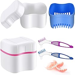 2 Denture Bath Cases Denture Cups with 2 Denture Cleaner Brushes Denture Boxes Dentures Container with Basket Denture Holder Brush Retainer Case for Travel Retainer Cleaning Blue, Red, Purple