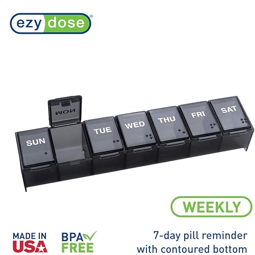 Ezy Dose Weekly 7-Day Pill Organizer, Vitamin Case, and Medicine Box, Medium Compartments, Black, Made in The USA