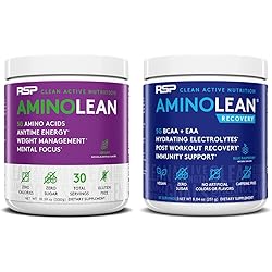 Vegan AminoLean Pre Workout Energy Mango 25 Servings with AminoLean Recovery Post Workout Boost Blue Raspberry 30 Servings