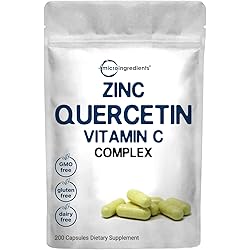 Quercetin with Zinc and Vitamin C, 200 Capsules, 3 in 1 Formula, Quercetin 500mg | Zinc 50mg Picolinate, Citrate, Glycinate, Gluconate | Vitamin C 500mg, Complete Immune Support - 100 Servings