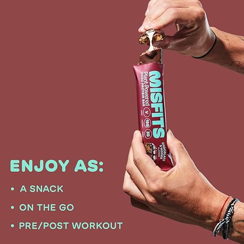 Misfits Vegan Protein Bar, S'mores Plant Based Chocolate Protein Bar, High Protein, Low Sugar, Low Carb, Gluten Free, Dairy Free, Non GMO, Pack Of 12