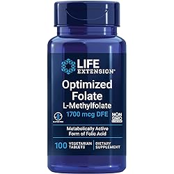 Life Extension Optimized Folate L-Methylfolate – Supports Heart & Brain Health – Non-GMO, Gluten-Free, Vegetarian –1700 mcg DFE — 100 Vegetarian Tablets