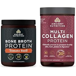 Bone Broth Protein Powder, Tomato Basil, 15 Servings Multi Collagen Protein Powder, Unflavored, 24 Servings by Ancient Nutrition
