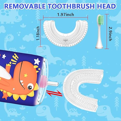 Kids Electric Toothbrush U Shape Dinosaur Ultrasonic Automatic Toothbrush with Replacement Soft Bristles Heads Six Modes 360°Oral Cleaning IPX7 Waterproof Smart Rechargeable Toothbrush 2-6 Year Old
