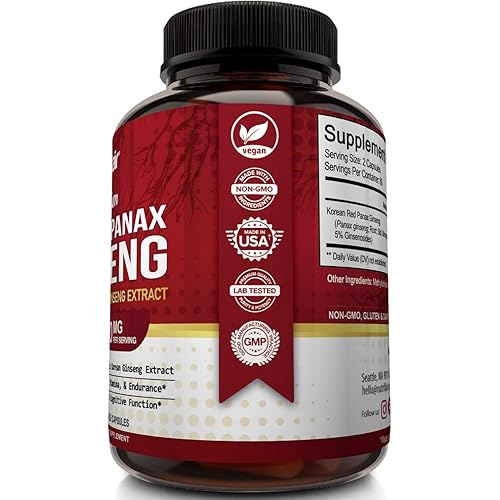 NutriFlair Korean Red Panax Ginseng 1600mg, 120 Vegan Capsules - High Potency Ginseng Root 5% Ginsenosides Extract Powder Supplement - Energy, Focus, Vigor, Performance Pills for Women & Men, Non-GMO