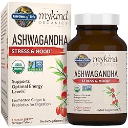 Organic Ashwagandha Stress, Mood & Energy Support Supplement with Probiotics & Ginger Root for Digestion - Garden of Life mykind Organics - Vegan, Gluten Free, Non GMO – 2 Month Supply, 60 Tablets