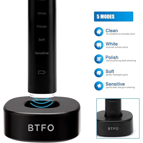 BTFO Sonic Electric Toothbrush with 5 Modes, 2pcs Replacement Brush Heads USB Rechargeable Smart Electronic Toothbrush with Holder for Adults IPX7 Waterproof Timing Fast Charging Black, 1741-01