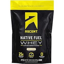 Ascent Native Fuel Whey Protein Powder - Post Workout Whey Protein Isolate, Zero Artificial Ingredients, Soy & Gluten Free, 5.7g BCAA, 2.7g Leucine, Essential Amino Acids, Vanilla Bean 2 lb