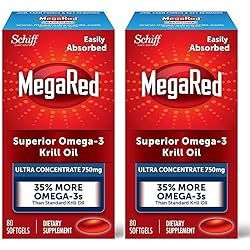 MegaRed Ultra Strength Krill Oil Omega 3 Supplement, 750mg Krill Oil – EPA & DHA & Antioxidant Astaxanthin for Heart Health, 80 Softgels, No Fish Oil Aftertaste 80 Count Pack of 2